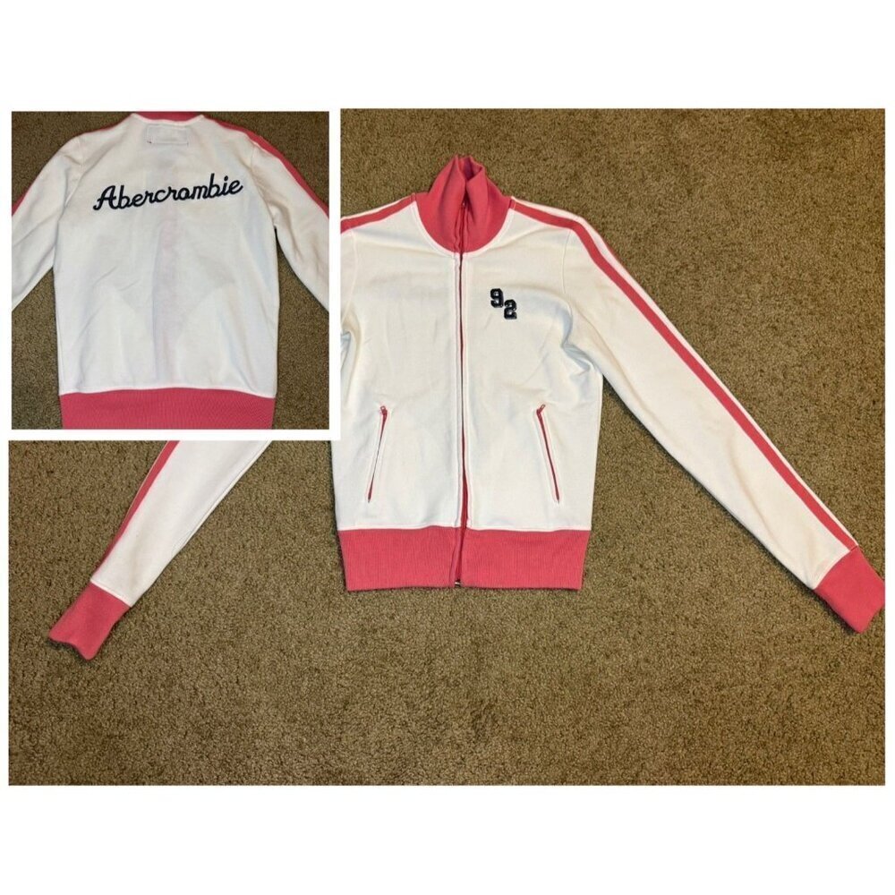 VTG ABERCROMBIE FITCH White Pink Trim Full Zip Track Jacket Y2k 90s Cheer XS